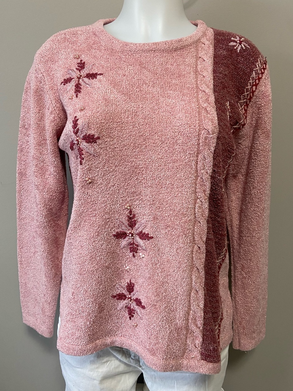 Crewneck Embroidered Pink Sweater with Cable Detail